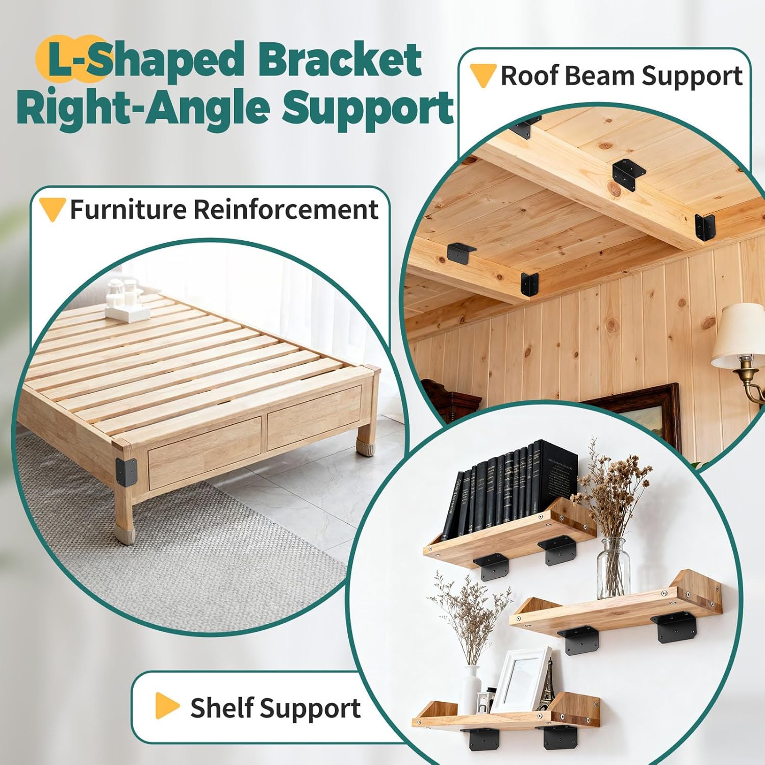 4 Inch Galvanized L Bracket, 90 Degree Corner Brace for Wood, 4"×2"×2" Heavy Duty Angle Bracket for Floating Shelves, Furniture, Wood Beams, Fence, Table, Bookshelf, Cabinet (Black-8PCS)