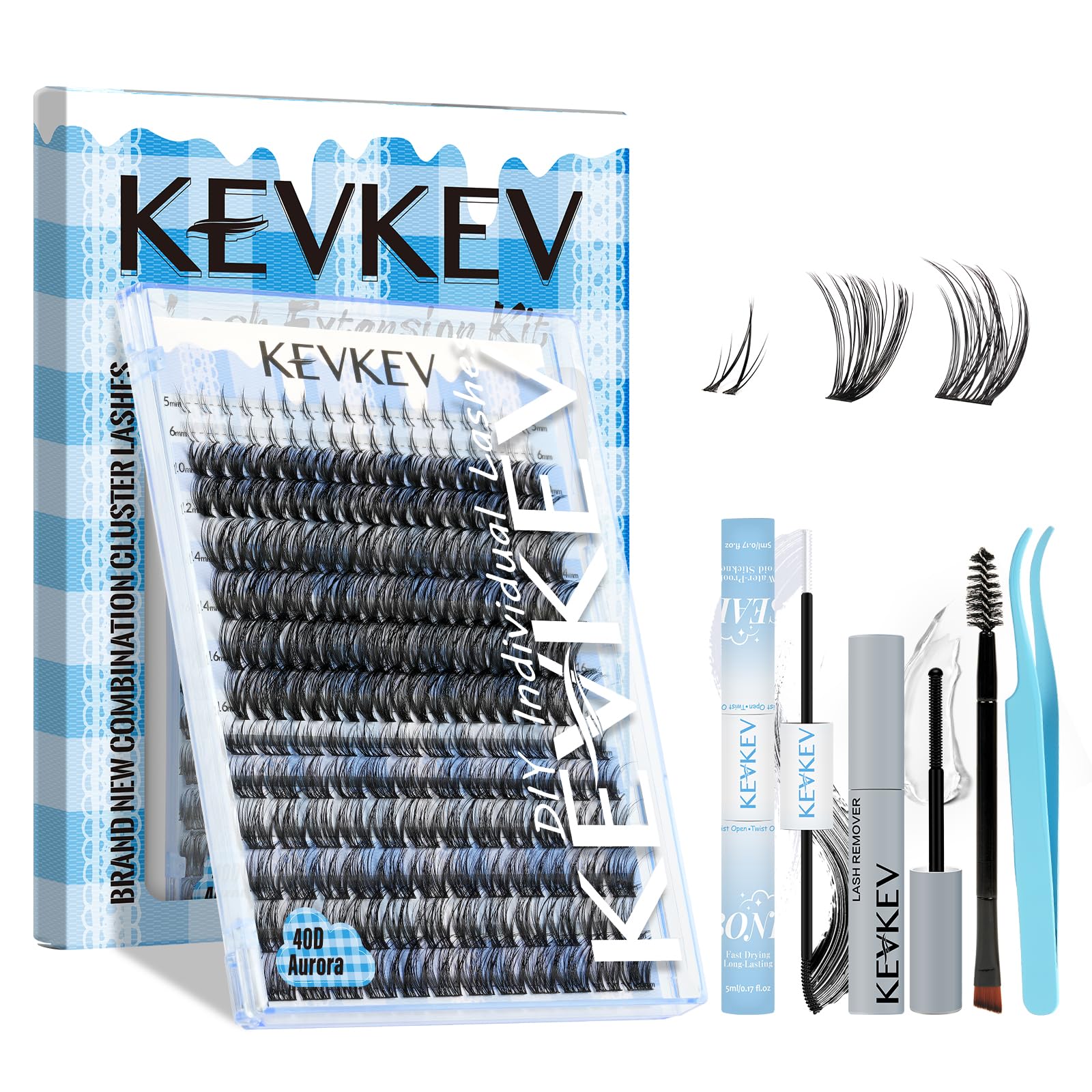 KevKevLash Cluster Kit 228Pcs Lash Extension Kit Eyelash Clusters Kit Upper & Bottom Individual Lashes D Curl Lash Clusters with Lash Bond and Seal Lash Remover Lash Tweezer(40D+Aurora,10-16mm)