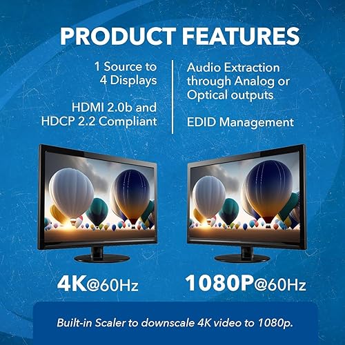 Miniatura 7 de OREI Divisor HDMI 1x4 2.0 con extractor de audio escalador 4 puertos con Full Ultra HDCP 2.4K a 60Hz y 3D compatible con control EDID - UHDS-104A