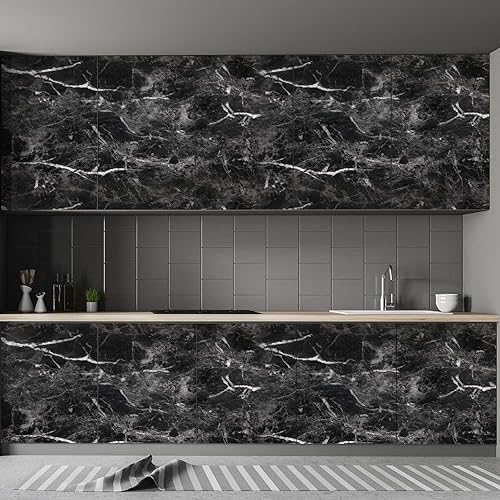 Miniatura 7 de Papel de mármol negro de 17.7 x 78.7 pulgadas, papel tapiz de granito para despegar y pegar, papel autoadhesivo para encimera, grosor para cocina,