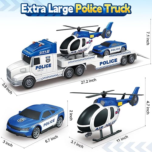 Miniatura 7 de SpringFlower Juguetes para niños pequeños de 3, 4, 5, camión de policía extra grande con coche de carreras y helicóptero, juguete de coche de