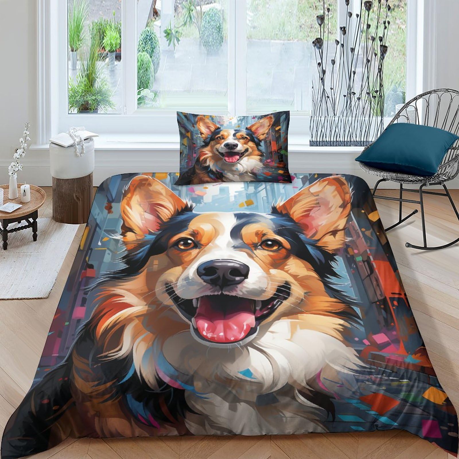 Housse de couette 3D corgi zippée pour lit enfant facile à border