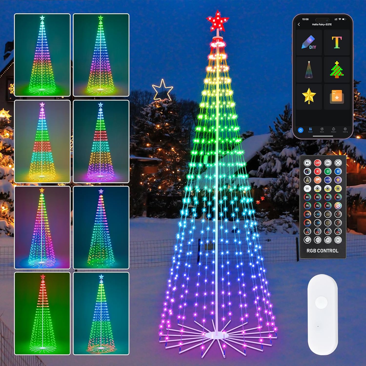 9FT Outdoor Christmas Tree, RGB Color Changing Pre-lit Smart Cone Christmas Tree with LED Lights, App&Remote Control, DIY Multi-Color Lightshow, Music Sync, Christmas New Year Decoration