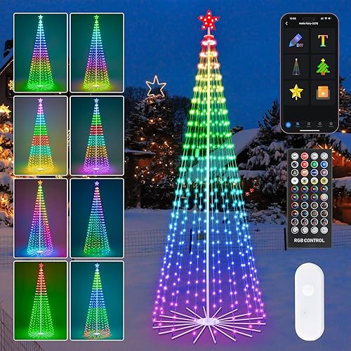Árbol de Navidad para exteriores de 9 pies, con cono inteligente preiluminado que cambia de color RGB con luces LED, aplicación y control remoto,