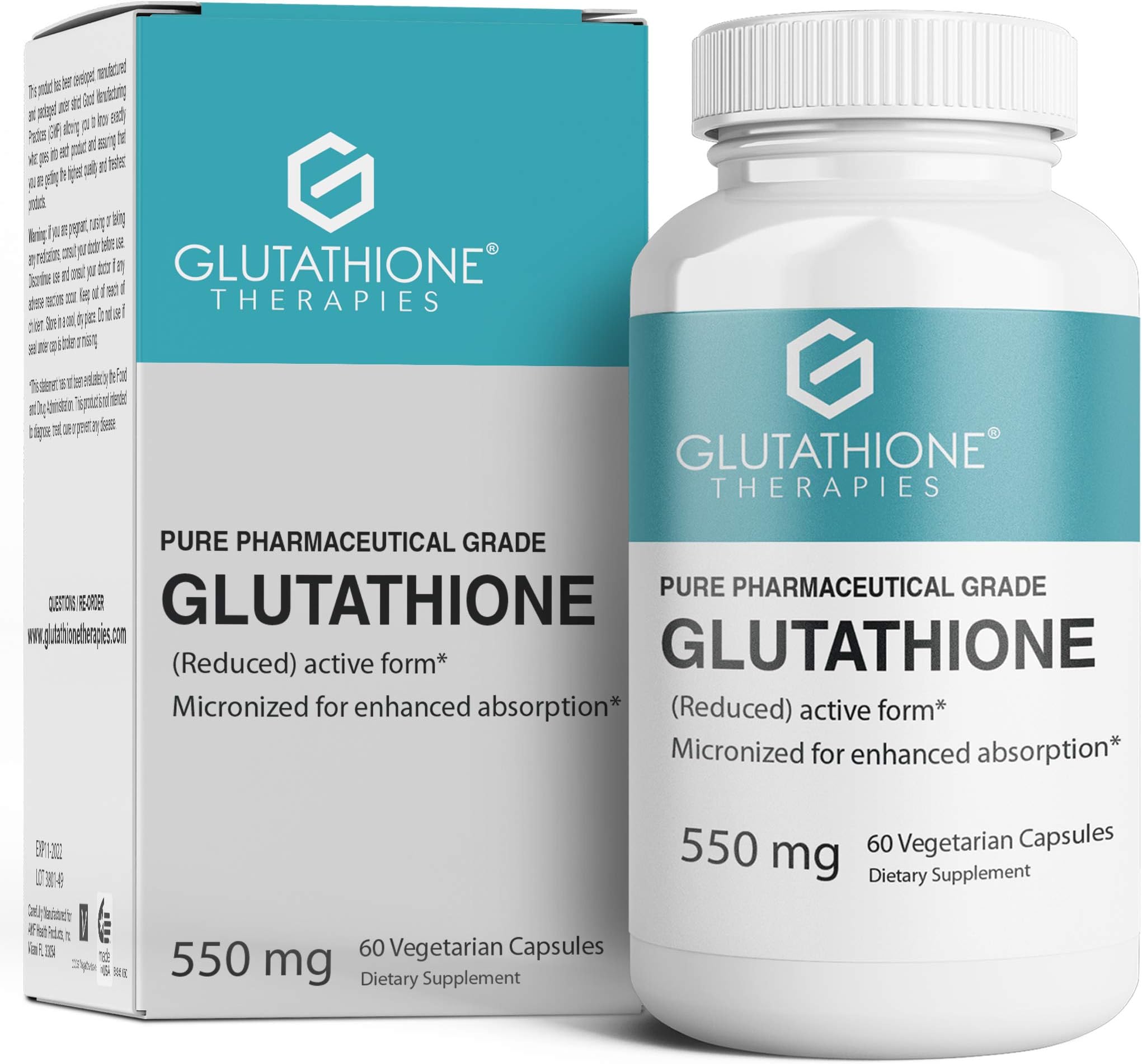 Glutathione Therapies โ Glutathione Pure 550 Mg. Pharmaceutical Grade Skin Health and Brightening, Liver Health and Detoxification, Super Antioxidant, 60 Vegetarian Capsules