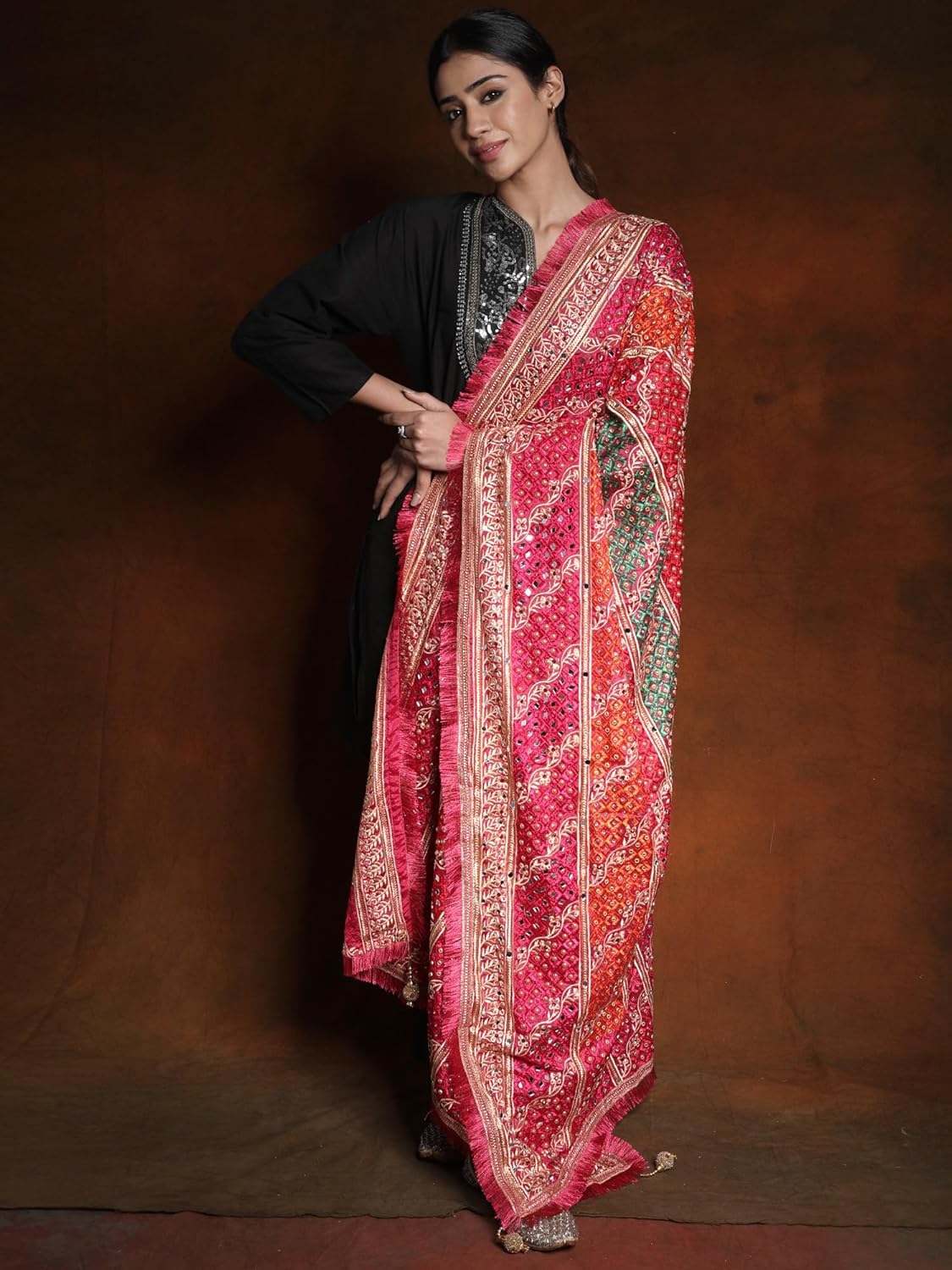Exotic India Phulkari Embroidered Dupatta from Punjab with Mirrors and Gota Patti Border - Art Silk - Image 2