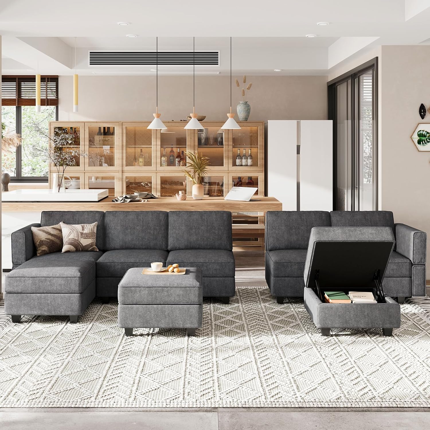 Belffin Modular Sectional Sofa with Chaise Convertible L Shaped Couch with Sotrage Ottoman. Dark Grey Couch
