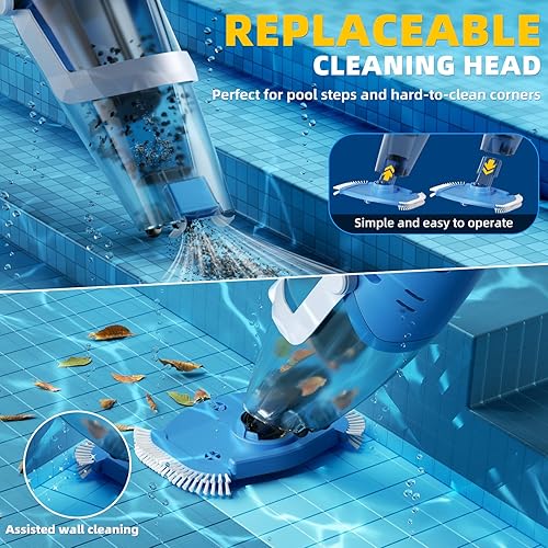 Miniatura 3 de Aspiradora de piscina inalámbrica con poste telescópico, succión potente de 26.5 galones/min, limpiador de piscina recargable de mano con 1 hora