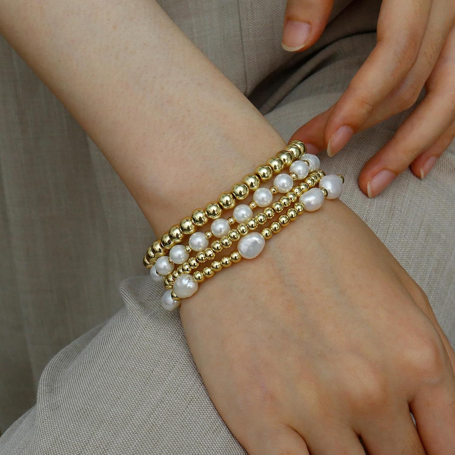 HUASAI Gold Bracelet Stack for Women Beaded Cross Pearl Bow Bracelet Non Tarnish Chunky Stretch Paperclip Chain Bracelets Set Trendy Jewelry Gifts Easter Basket Stuffers - Image 4