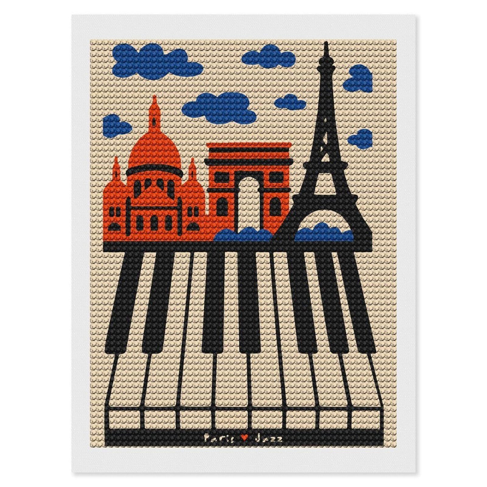 Junmoney Paris Jazz Round Drill Diamond Painting 12"x16", Satisfying Creative Project, Complete Accessories, Printed Canvas