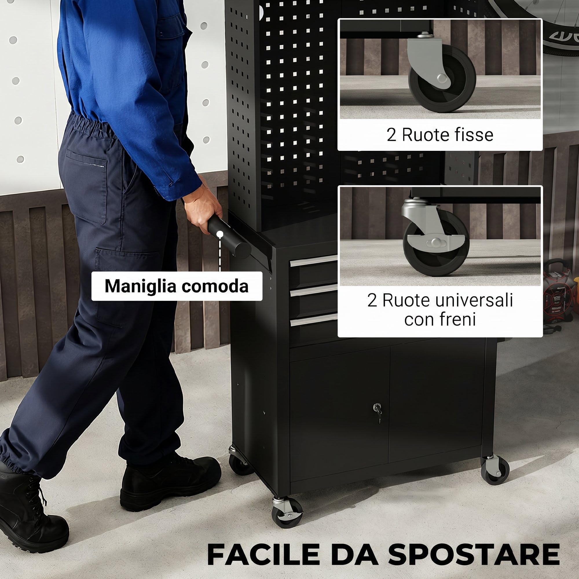 HOMCOM Carrello Porta Attrezzi in Acciaio con Serrature, Carrello Portautensili da Officina con Piano di Lavoro, 3 Cassetti, Armadio, Pannelli Forati, Ruote, Maniglia, Capacità 80kg, Nero