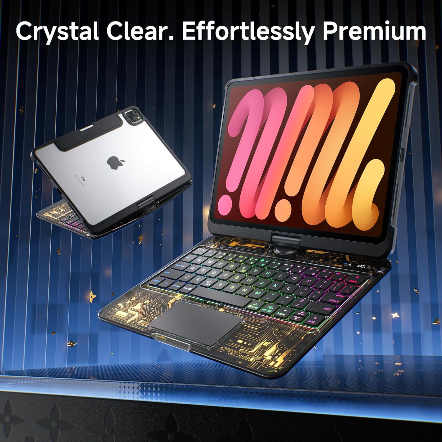 Clear Wireless Keyboard Case for iPad mini 7 A17 Pro (2024)/ Mini 6 (2021) 8.3" w/Multi-Touch Trackpad, 7-Color Backlit, Pen Holder, 360 Rotating Case for iPad mini 7th/6th Generation,Black