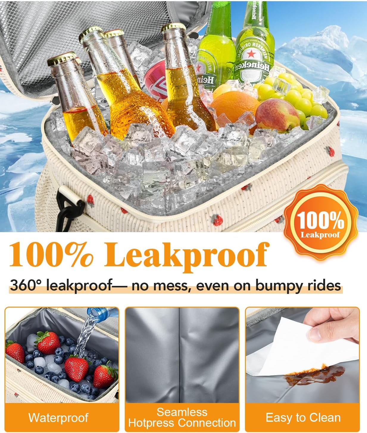 Insulated Lunch Bag for Men & Women, 9L Leakproof Lunch Box Soft Cooler Tote with 5 Pockets, 600D Oxford, EVA Lining, Adjustable Strap for Work, Picnic, Beach&Travel-Corduroy Strawberry - Image 3