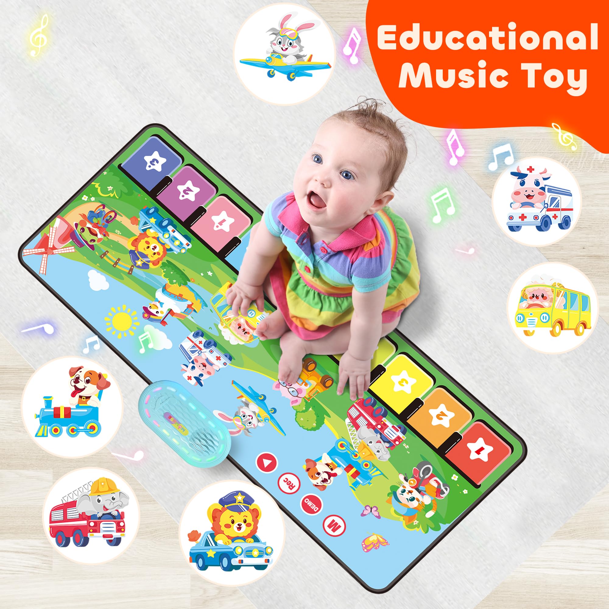 MOMUSE Piano Music Mat with 80 Sounds, Musical Play Mat Built in 10 Animals & 10 Cars, Toddlers Educational Toys 1-3 - Image 3