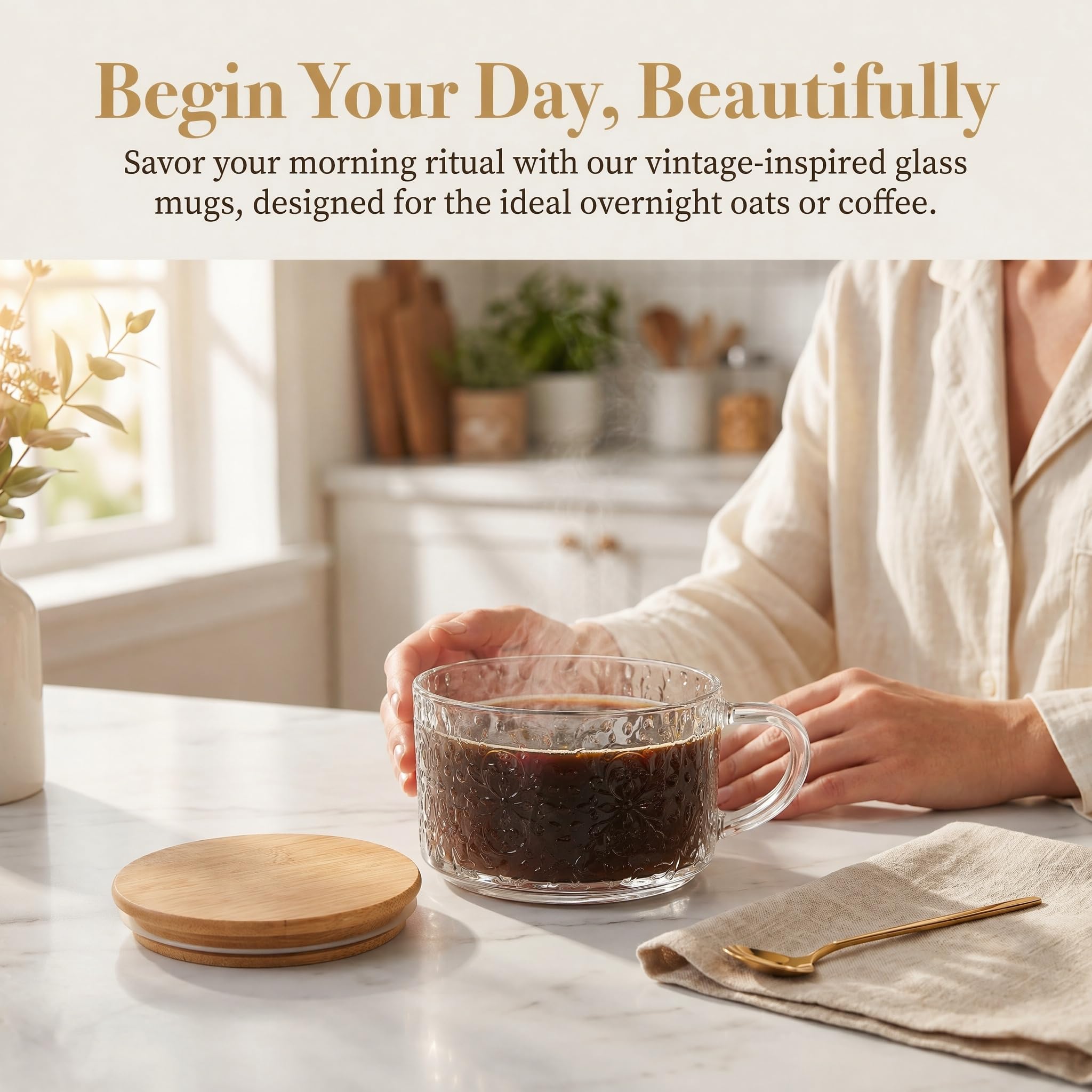 YORY Overnight Oats - Recipientes de avena con tapas de bambú y cuchara, tazas de café y té, tazas de vidrio de 14 onzas, regalos para el hogar, paquete de 4