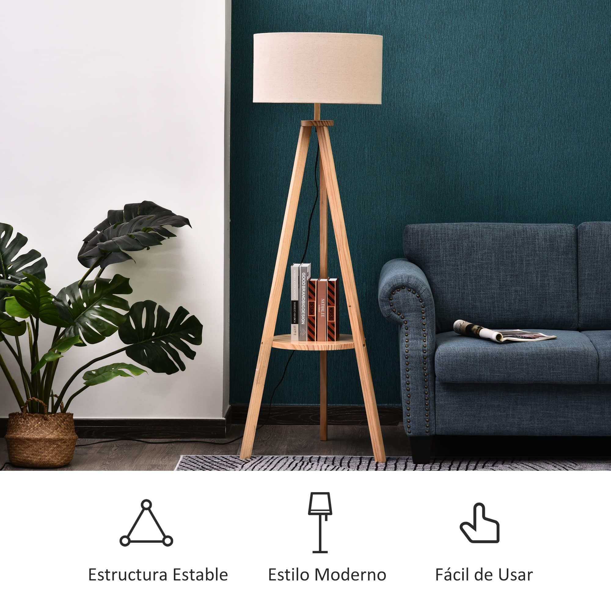 HOMCOM Lámpara de Pie Trípode con Estante Pantalla de Lino Beige y Natural | Lámpara de Salón, Interruptor de Pie, para Sala de Estar, Oficina, Dormitorio