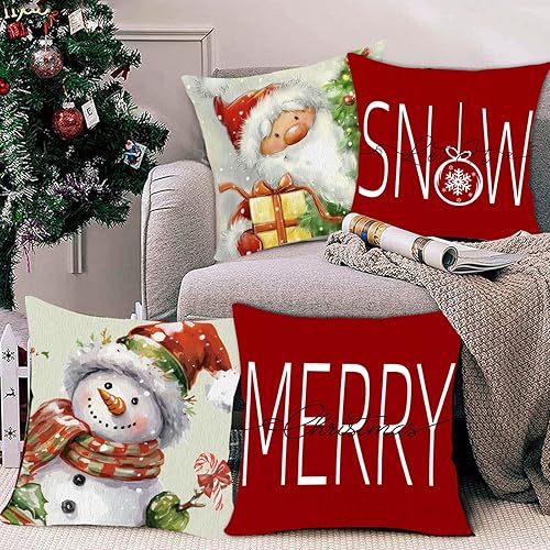 Miniatura 4 de Juego de 4 fundas de almohada de Navidad de búfalo de 18 x 18 pulgadas, decoración navideña de granja, muñeco de nieve, Papá Noel, Feliz Navidad,