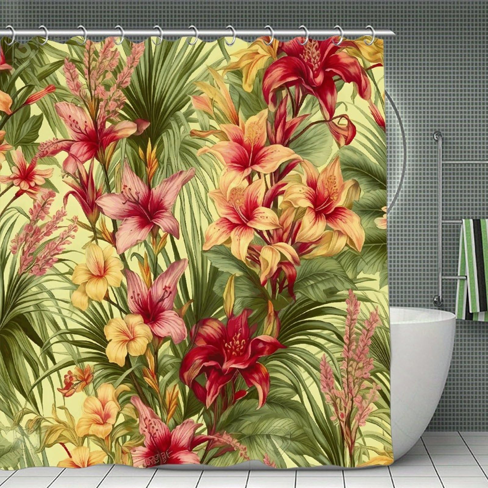 FekiLoot Tropical Palm Flower Shower Curtain Minimalist Aesthetic Bath Curtain with Hooks Simple Water Resistant Bathroom Shower Curtains Cute Blackout Privacy Curtains Cloth Curtain