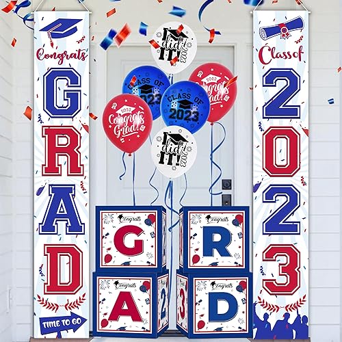 Miniatura 5 de Decoraciones de fiesta de graduación 2022, 4 cajas de globos de graduación rojas, blancas y azules, con 2 unidades de letras rojas "GRAD" y "2022",