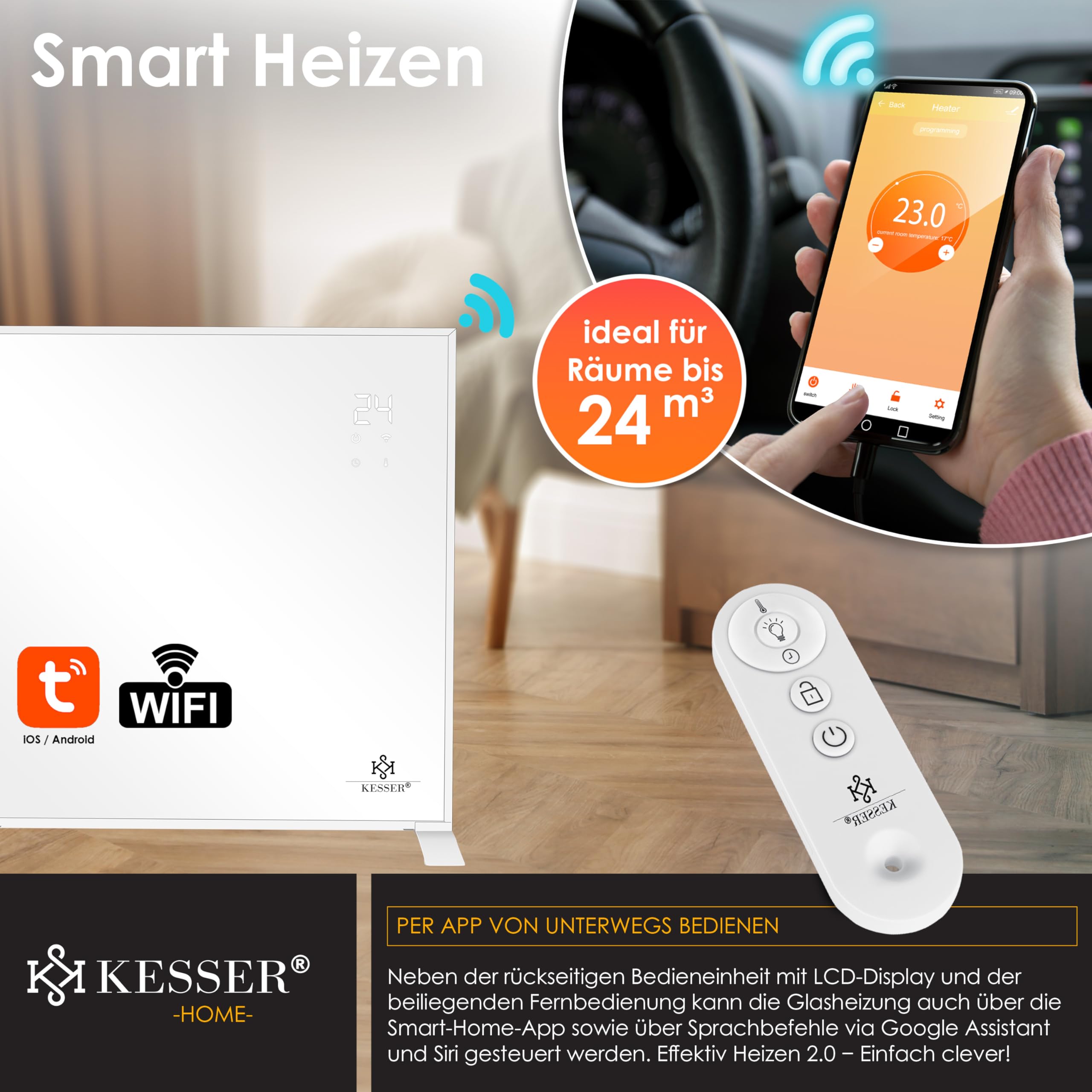 KESSER® Infraroodverwarming, energiebesparend, infrarood staand apparaat en wandmontage, elektrische verwarming, 700 W, met afstandsbediening, thermostaat & app-bediening, elektrisch verwarmingspaneel