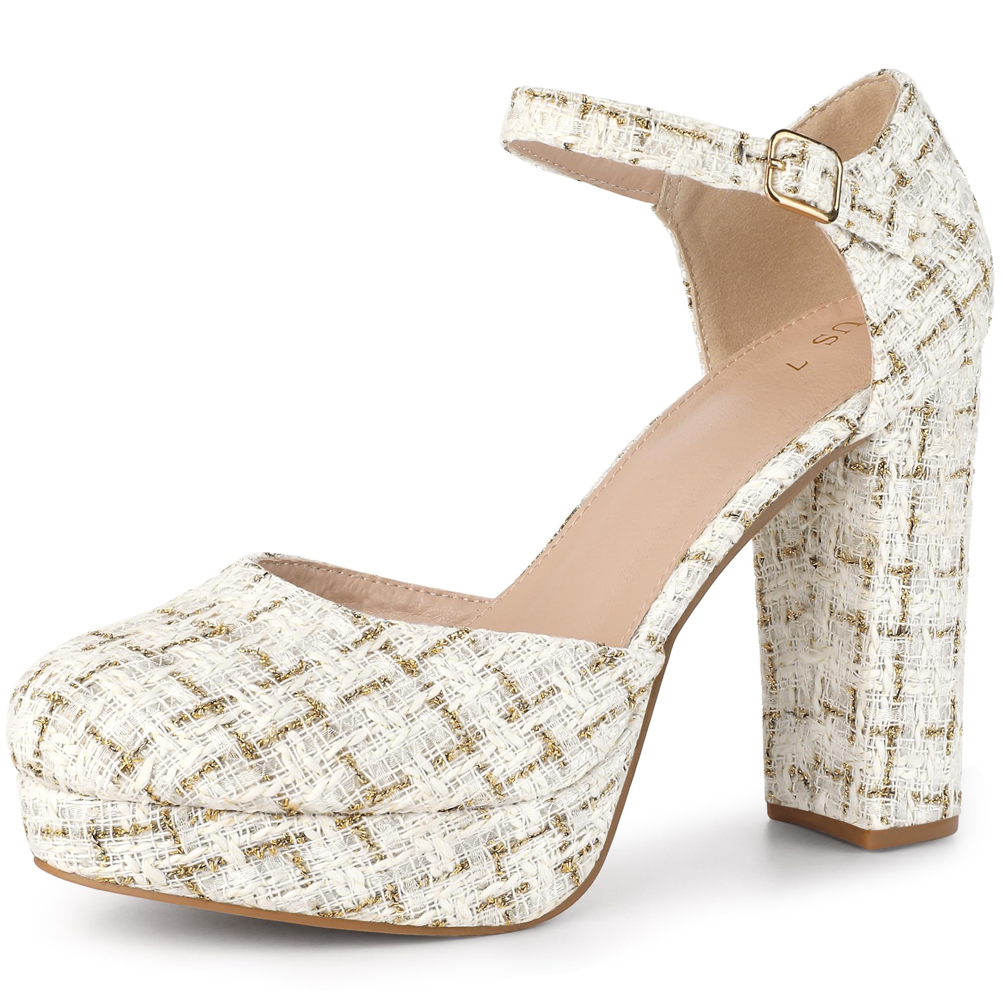 Women's Plaid Platform Ankle Strap Chunky Heel Mary Janes Pumps