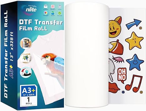 Enlite DTF Transfer Film Rolls 13" x 328 ft - Premium A3+ DTF Film Rolls, Direct to Film Transfer Film for T-Shirt Textiles with One Side Aqueous Coating, High Ink Receptivity and Stability