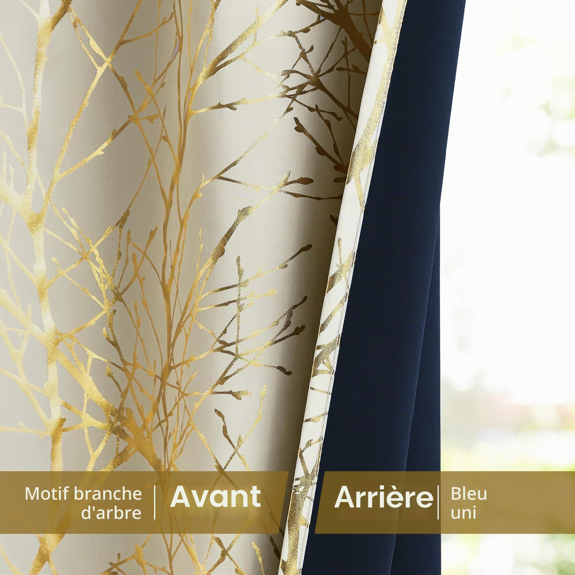 Fmfunctex Lot de 2 rideaux occultants à œillets pour salon et chambre à coucher Motifs branches d'arbre Beige doré 229 cm