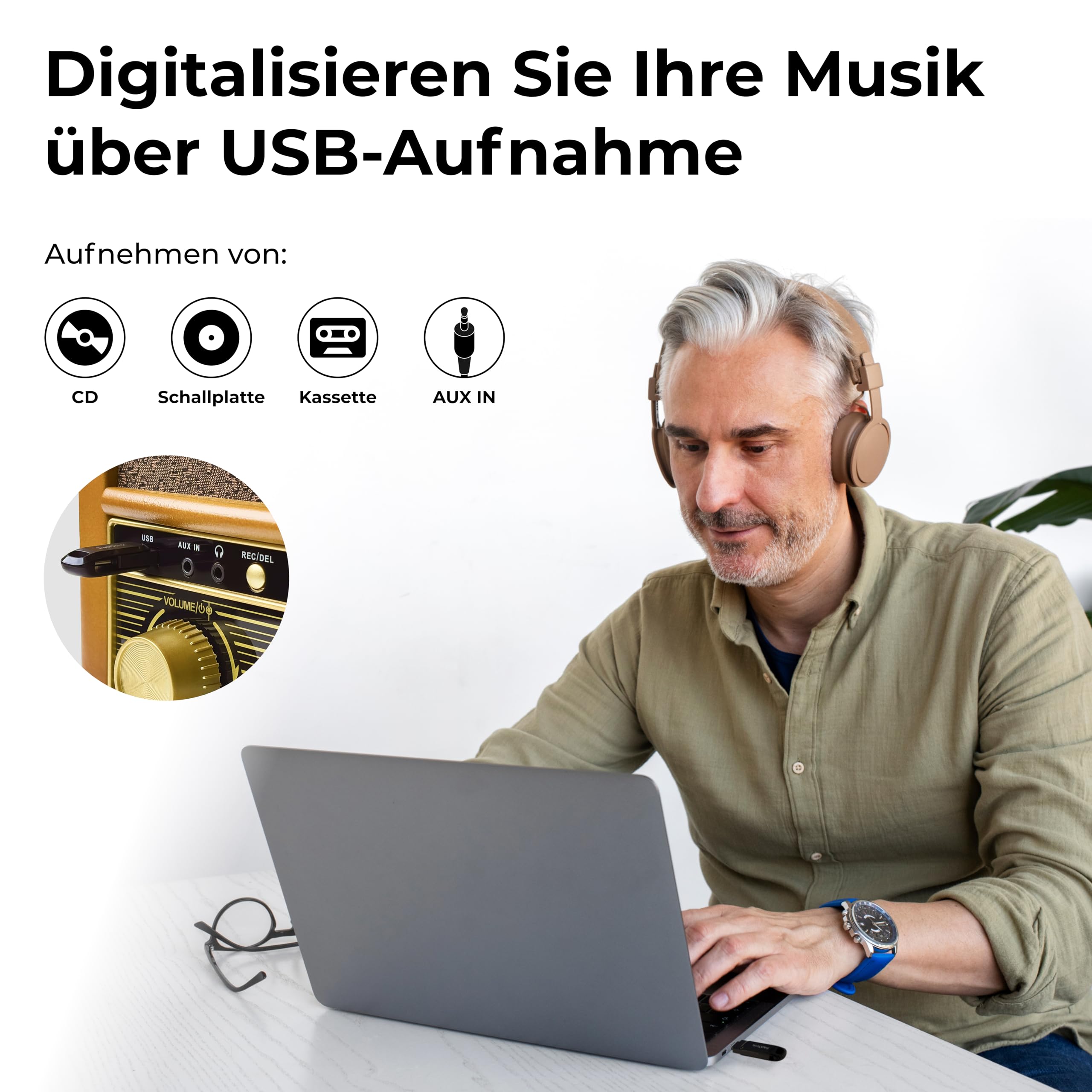 Denver MRD-51 FM/AM, DAB Radio mit Plattenspieler & CD Player, Braun - Kassettenrekorder mit USB, AUX & CD Support