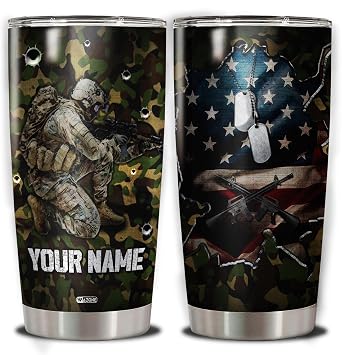 WAZONE Personalized US Army Tumbler Cup With Lid 20oz 30oz Stainless Steel Insulated Military Camouflage Skull Flag Gifts for Patriotic Soldier Veterans Custom Name Vacuum Travel Coffee Mug