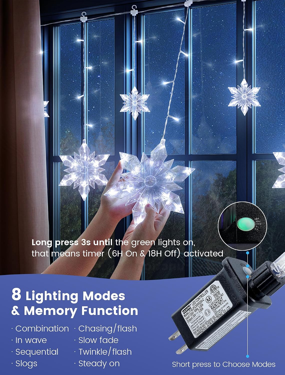 Christmas Snowflake Icicle Lights,8.2 FT 144 LED Snowflake Lights Outdoor with Timer,8 Modes Waterproof Connectable Christmas Light Plug in for Curtain Eave Window Indoor Outdoor Decor(White)