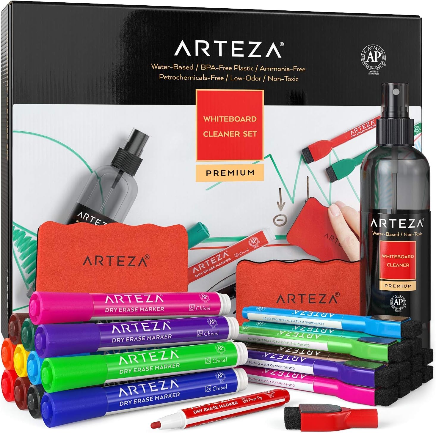 Arteza Whiteboard Cleaner Set with 24 DryErase Markers (12