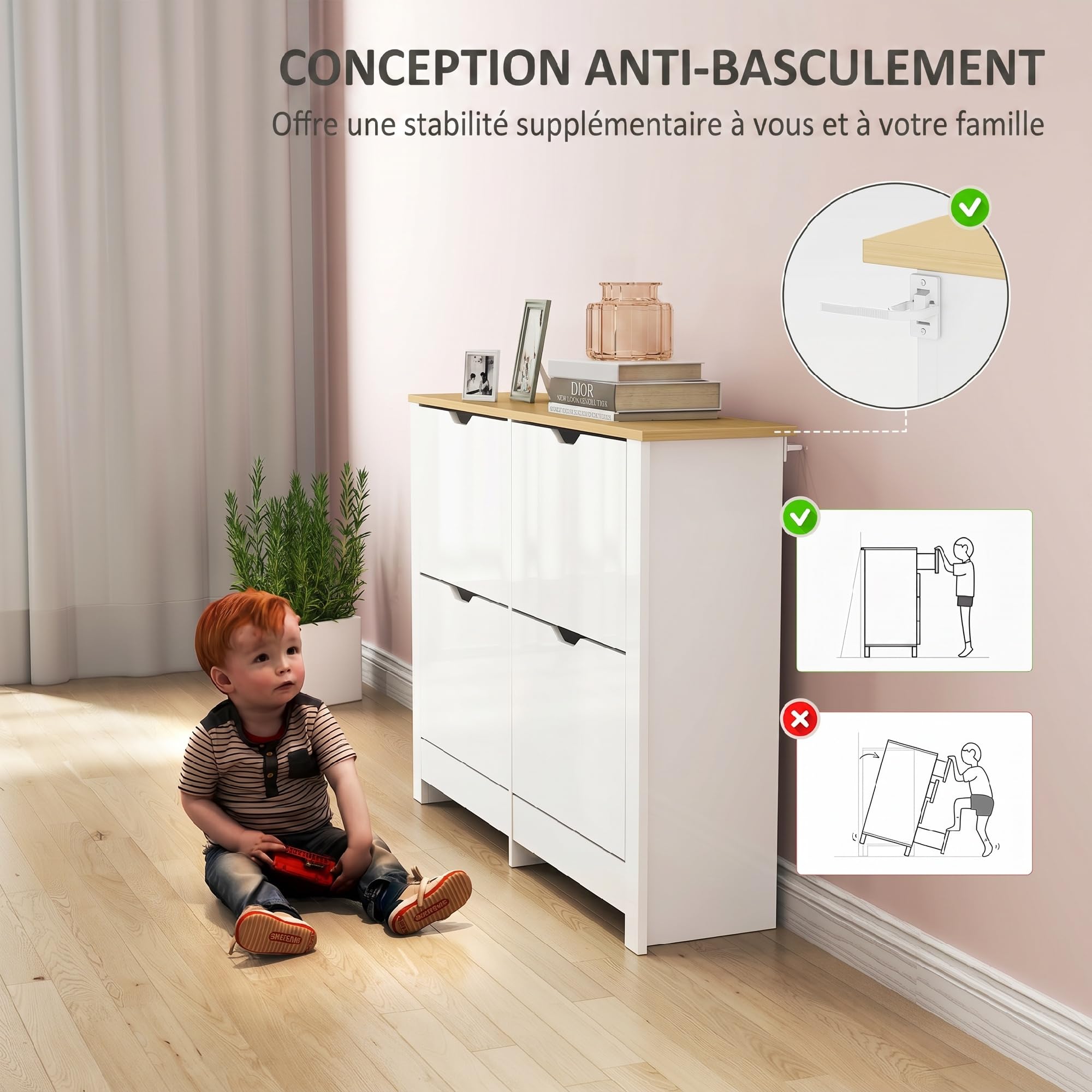 HOMCOM Meuble à Chaussures 4 Tiroirs 105 x 26 x 80 cm Blanc Naturel | Armoire à Chaussures Étroite 16 Paires, Étagères Réglables, Style Moderne, pour Couloir, Entrée,