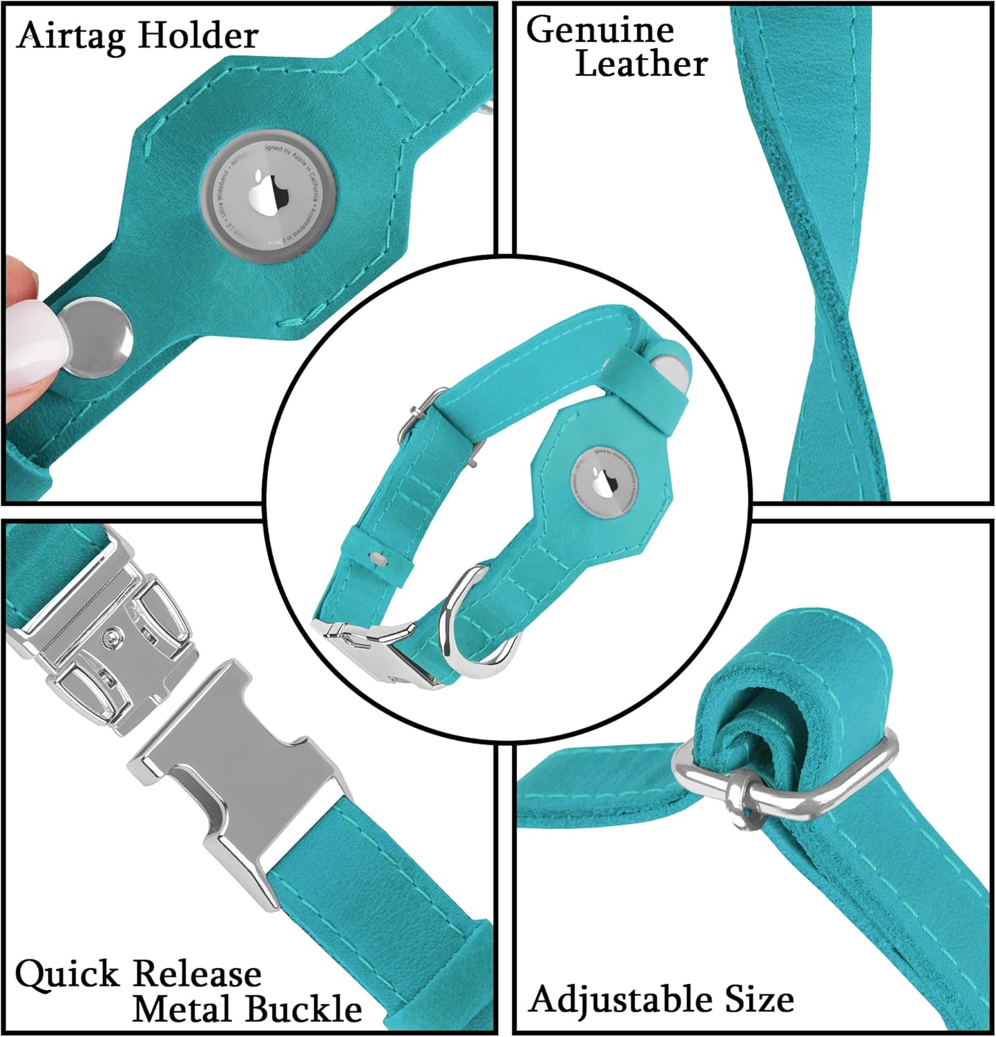 Leather Dog Collar with Airtag Holder - Soft Adjustable Airtag Dog Collar with Metal Buckle - GPS Tracking Apple Air Tag Pet Collar for Small Large Dogs (Aquamarine, M, 14"-18" Neck Fit)