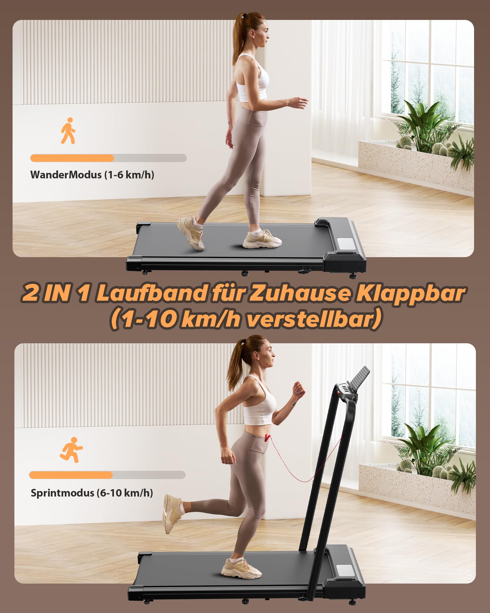Cinta de Correr Plegable 2 en 1 para el hogar – 15% de inclinación, Motor de bajo Ruido de 2,5 CV (≤ 45 dB), 1-10 km/h, Capacidad de Carga de 120 kg, 12 Modelos de Entrenamiento y Pantalla LED