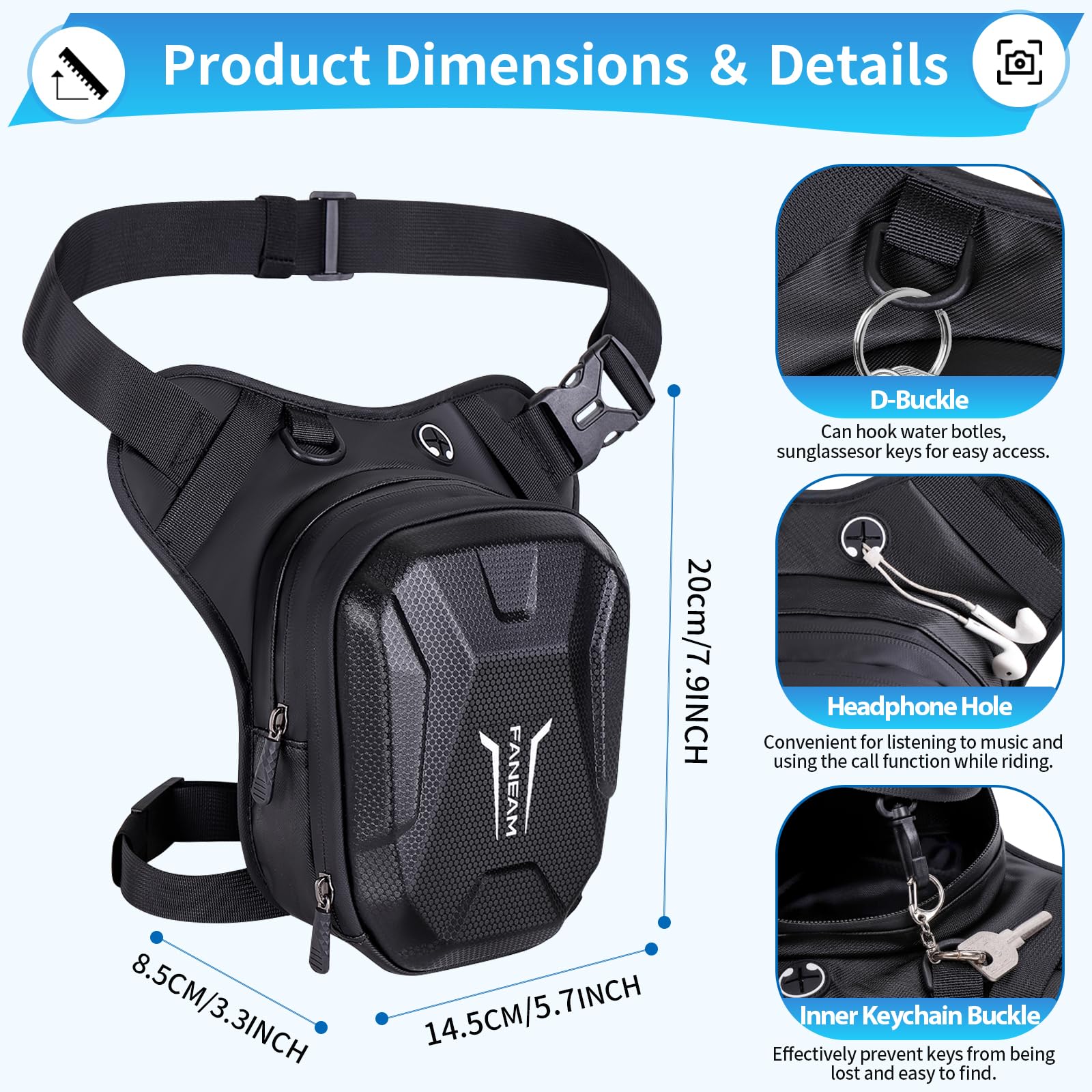 Sacoche de Jambe Moto Homme Sac de Jambe Tactique Imperméable Sacoche de Cuisse Multifontion pour Moto Cyclisme Randonnée avec Sangle Réglable et Amovible (Noir)