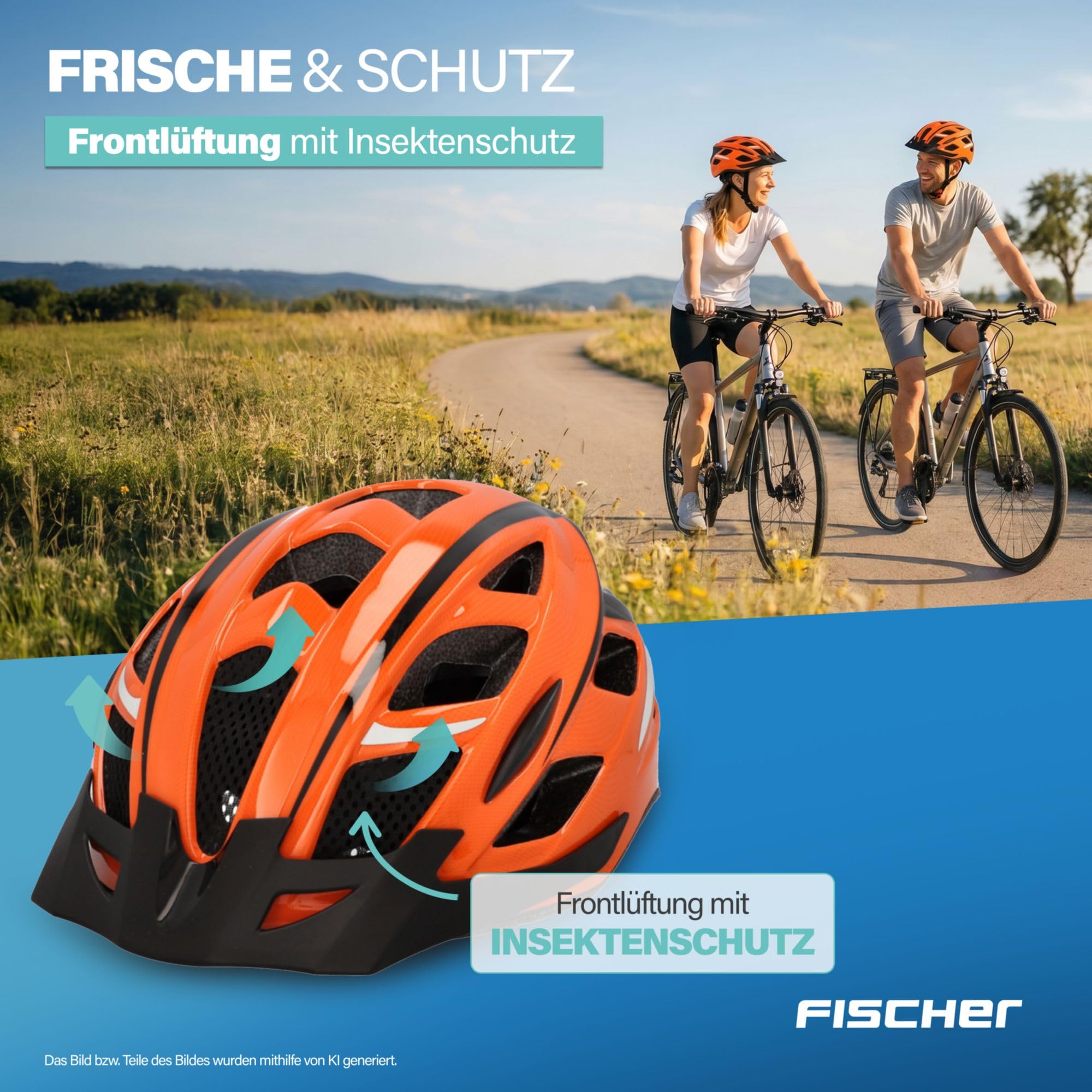 FISCHER Kask rowerowy dla dorosłych, kask rowerowy miejski, rozmiar S/M, 52-59 cm, pomarańczowy, z podświetlanym systemem pierścienia wewnętrznego