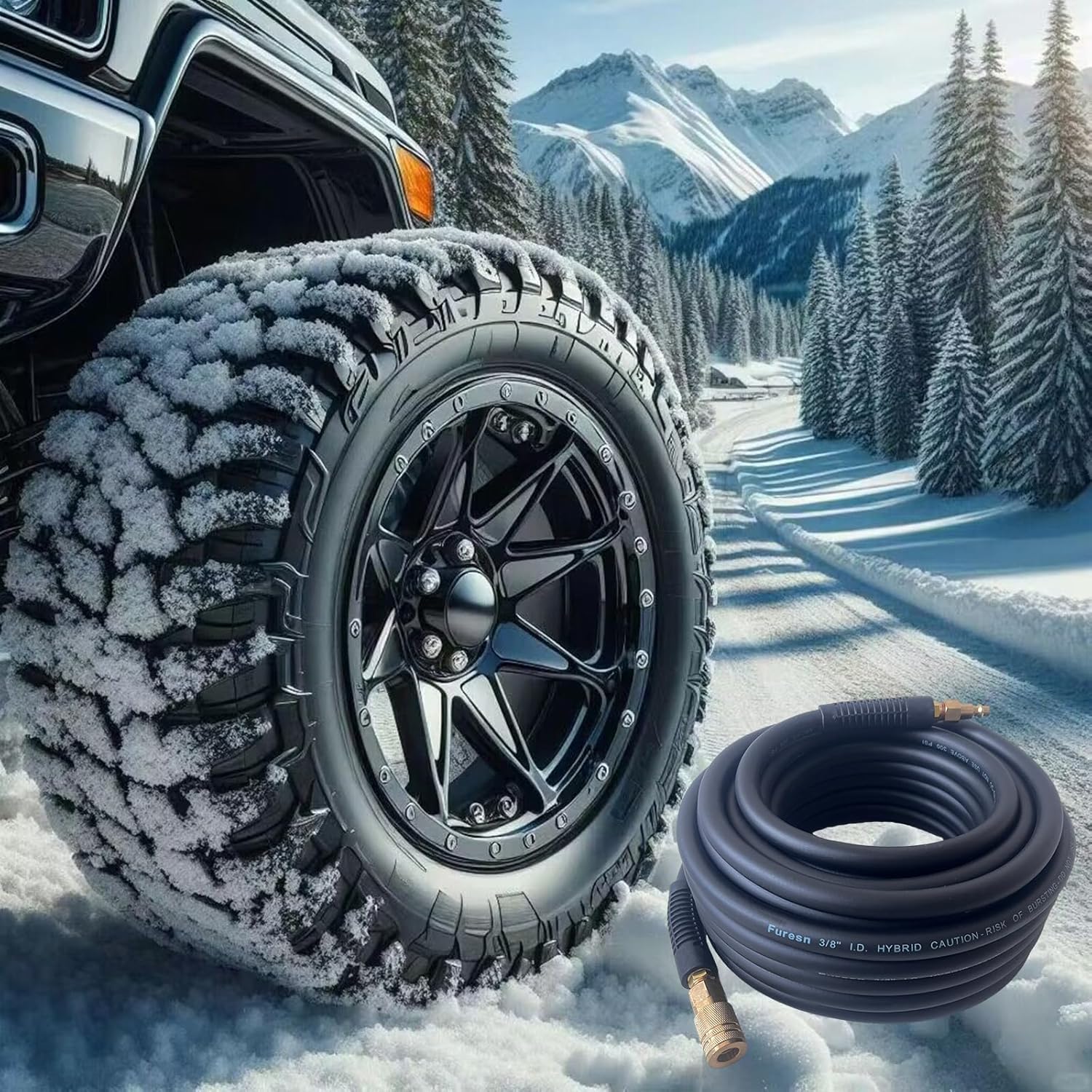 Air Hose 3/8 in x 50 ft, Heavy Duty, Lightweight, Kink Resistant, Hybrid Air Compressor Hose with 1/4 in Solid Brass Male Fittings, Bend Restrictors, 300 PSI (50FT, Black)