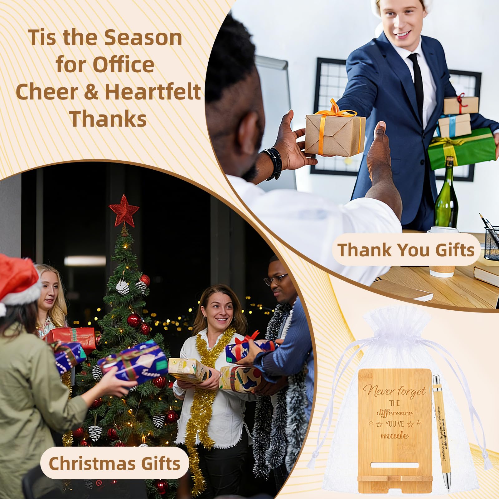 30 Pcs Employee Appreciation Gifts Bulk, 10 Wooden Phone Stands, 10 Motivational Pens with White Organza Bags, Thank You Gifts for Coworkers, Staff, Team, Volunteers, Nurses, Teachers, Office Desk