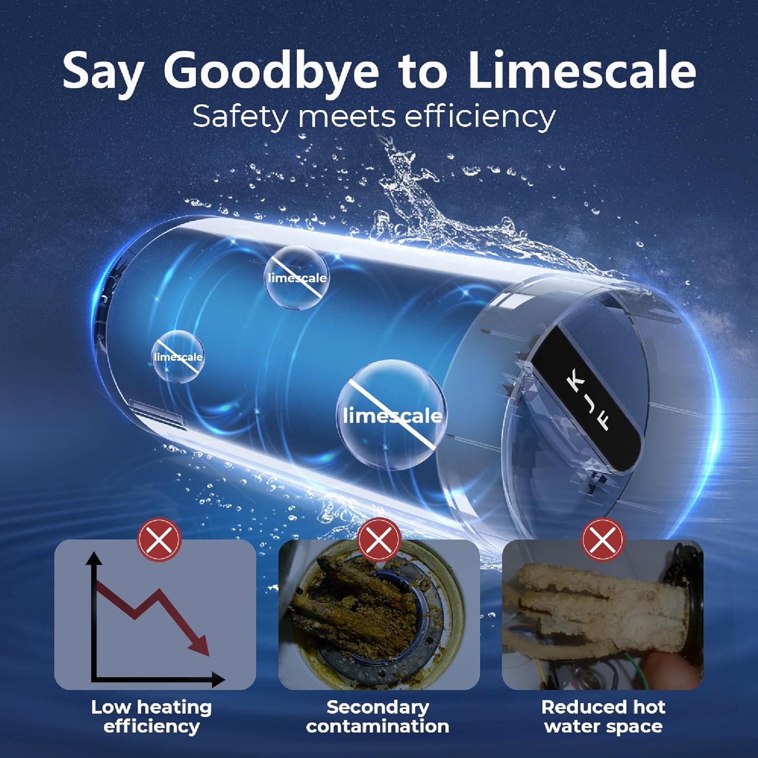 Illustration showing limescale buildup and its negative effects on water heating efficiency and quality.