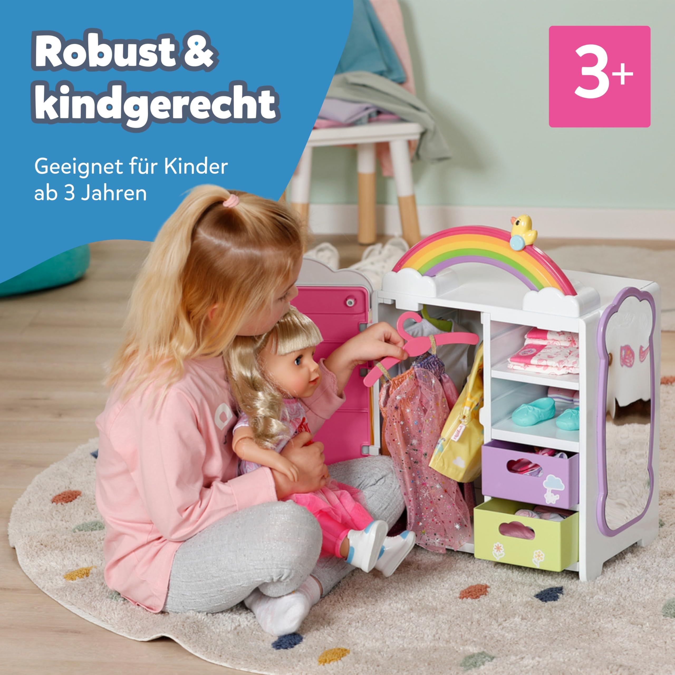 BABY born Regenbogenschrank - Aufbewahrung für Puppenkleidung - Mit leuchtendem Regenbogen & fröhlichen Sounds - Hochwertiges Puppen Zubehör inkl. Schuhbladen, Kleiderbügel & Stickern