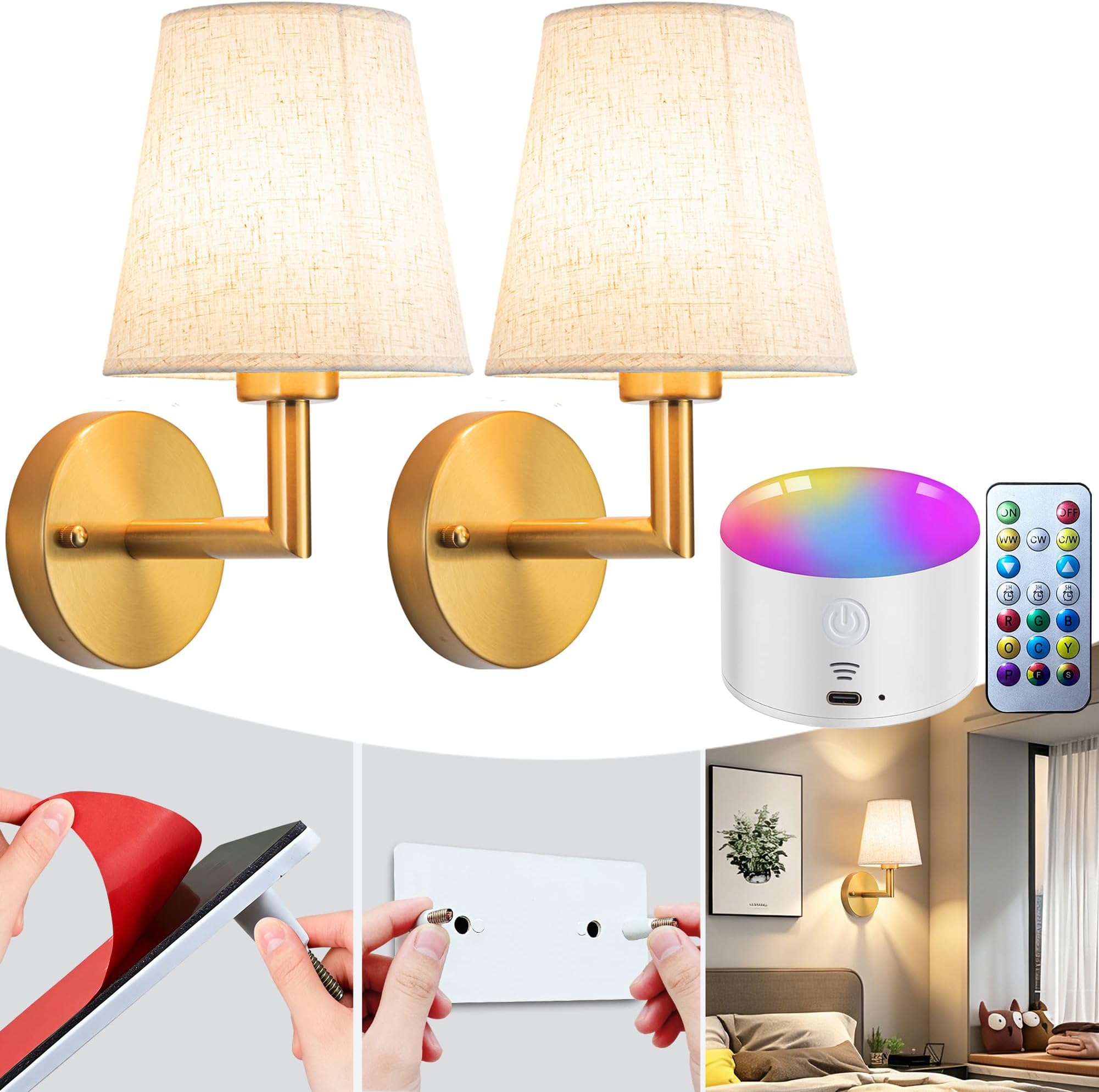 Wall Sconce Battery Operated Wall Light Fixure with Remote Control, Dimmable Battery Operated Wall Sconces Set Of Two, Indoor Wireless Wall Mounted Lamp with Rechargable Bulb For Bedroom Living Room (