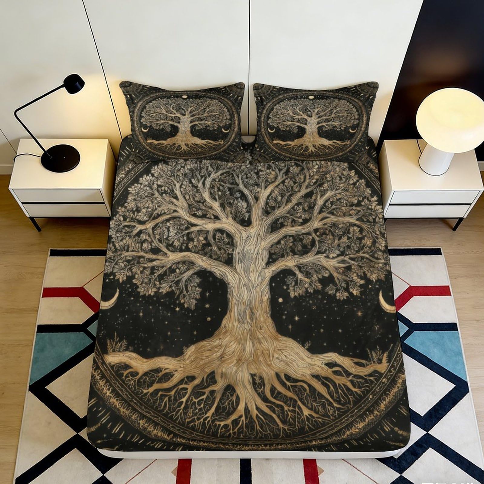 3D Printed Tree of Life Fitted Sheet Microfiber Soft Non-Slip Mattress Cover for Bedroom Guest Room Artistic Decor 90x200x25cm