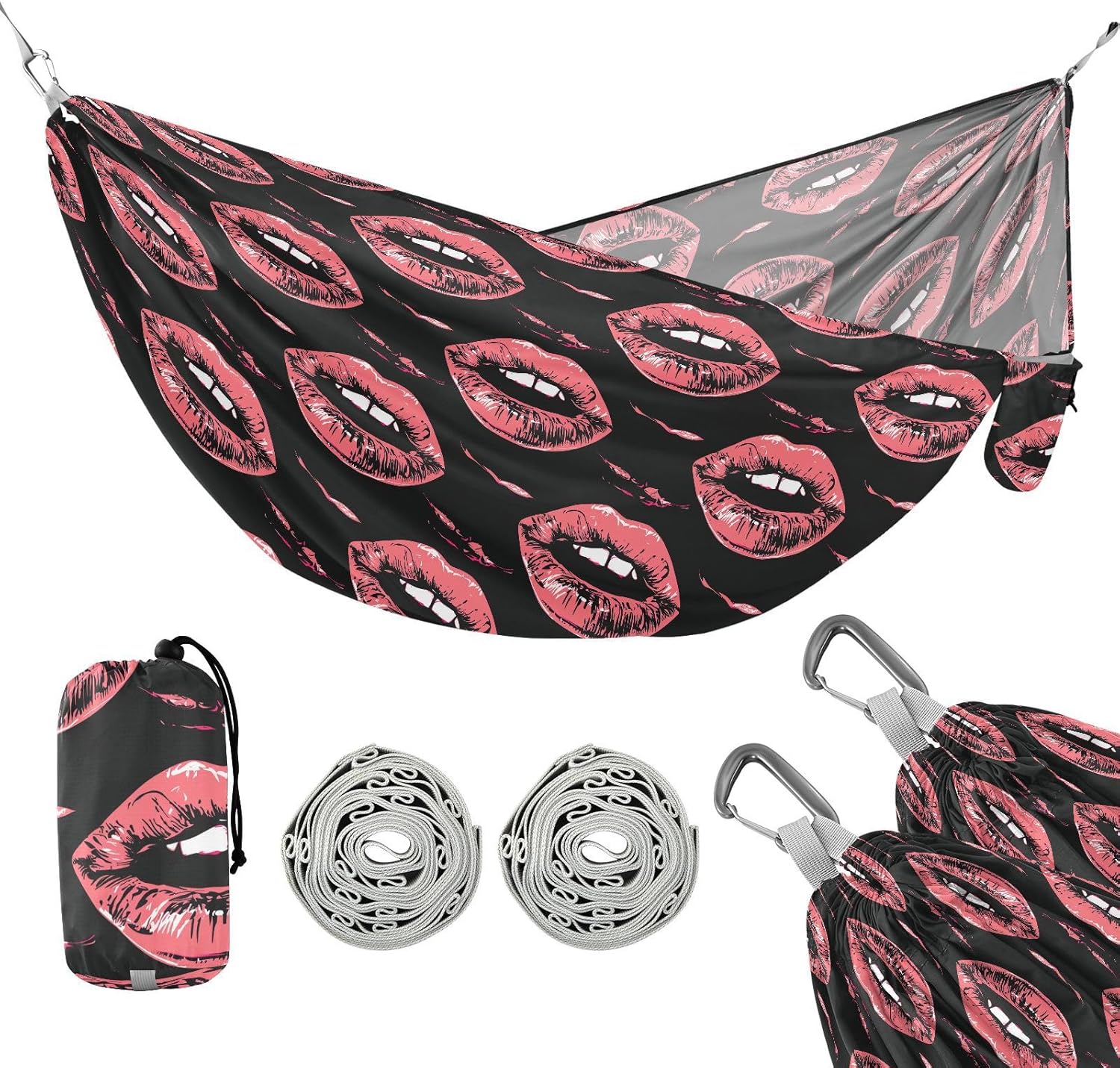 ALAZA Pink Lips Camping Hammocks Single or 2 Person 500 lbs Portable Parachute Travel Hammock w/Tree Straps for Hiking Backpacking Indoor Outdoor