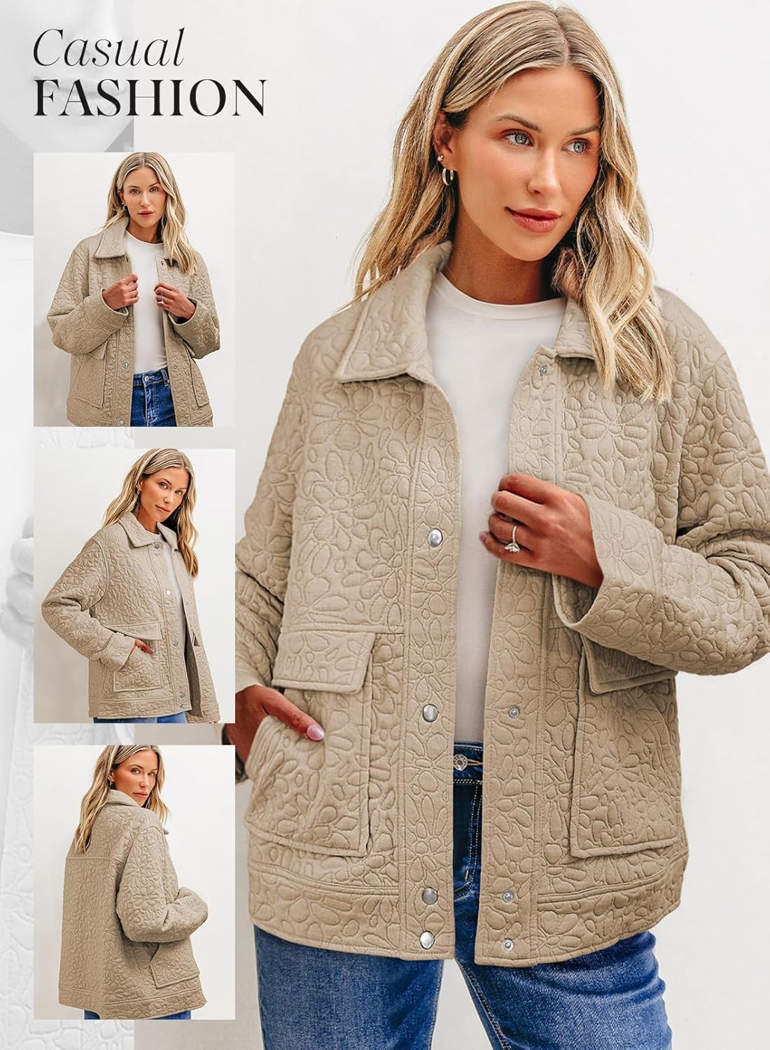 Dokotoo Jackets for Women Casual Long Sleeve Collared Jacquard Coats Trendy Button Down Shacket Jacket with Pockets - Image 4