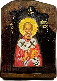 Saint Nicholas icon, Handmade Silver Greek Orthodox icon of St Nick, Byzantine art wall hanging icon on wood plaque, religious decor