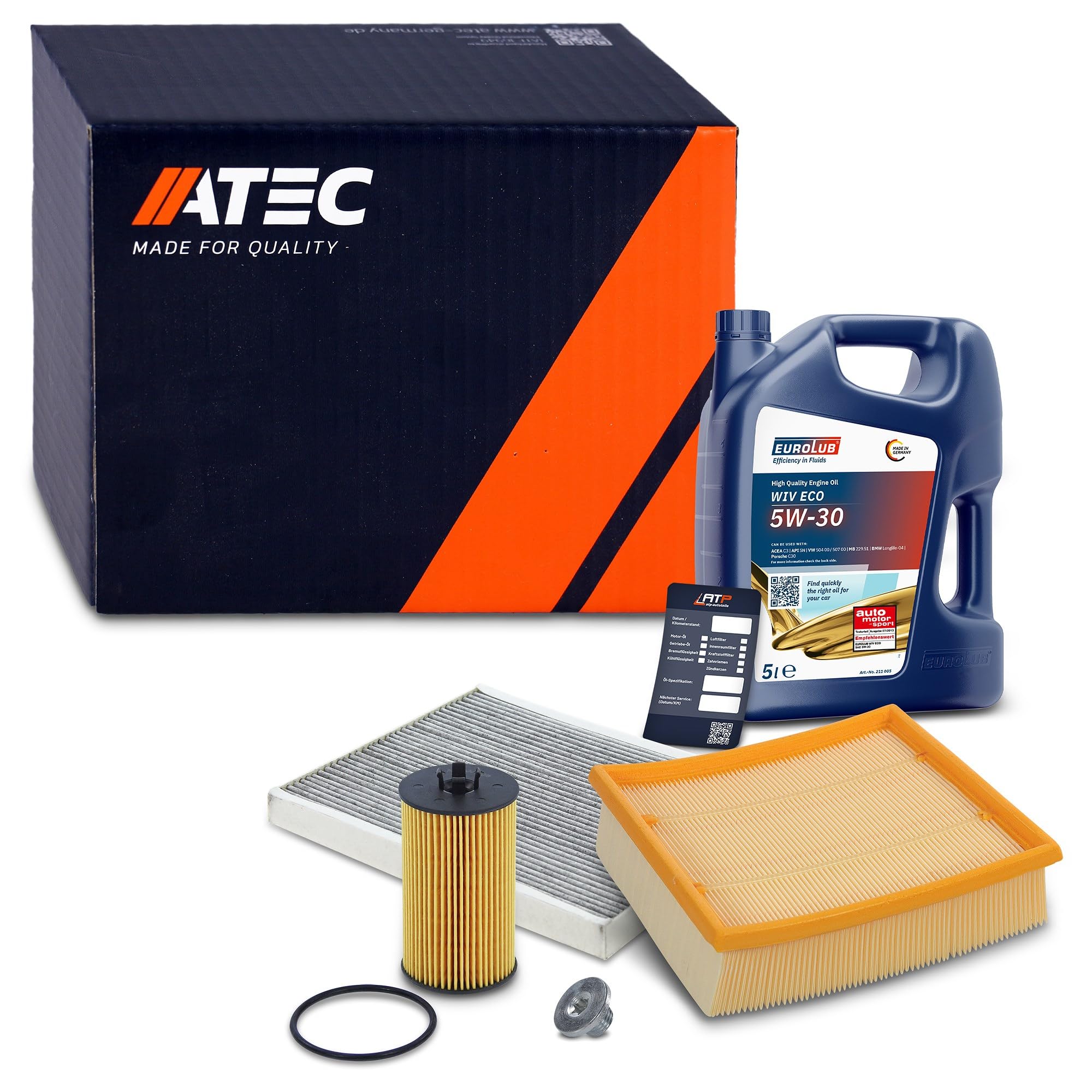 ATEC Germany Inspektionspaket Filterset mit 1x Ölfilter, 1x Luftfilter, 1x Innenraumfilter, 1x Ölablassschraube, 1x Motoröl 5W-30 CLEANTEC SAE 5 l, KOMPATIBEL MIT - OPEL CORSA D (S07), CORSA E (X15)