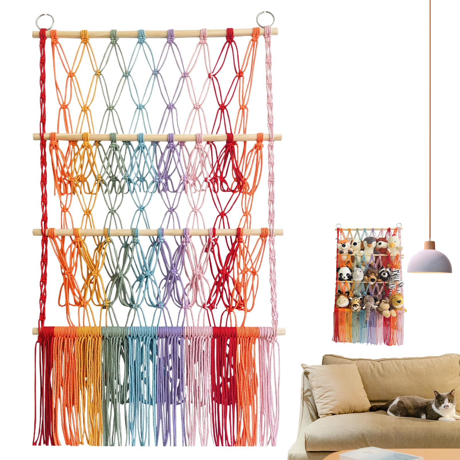 Hamac pour peluches d'angle boho à trois niveaux avec filet organisateur suspendu