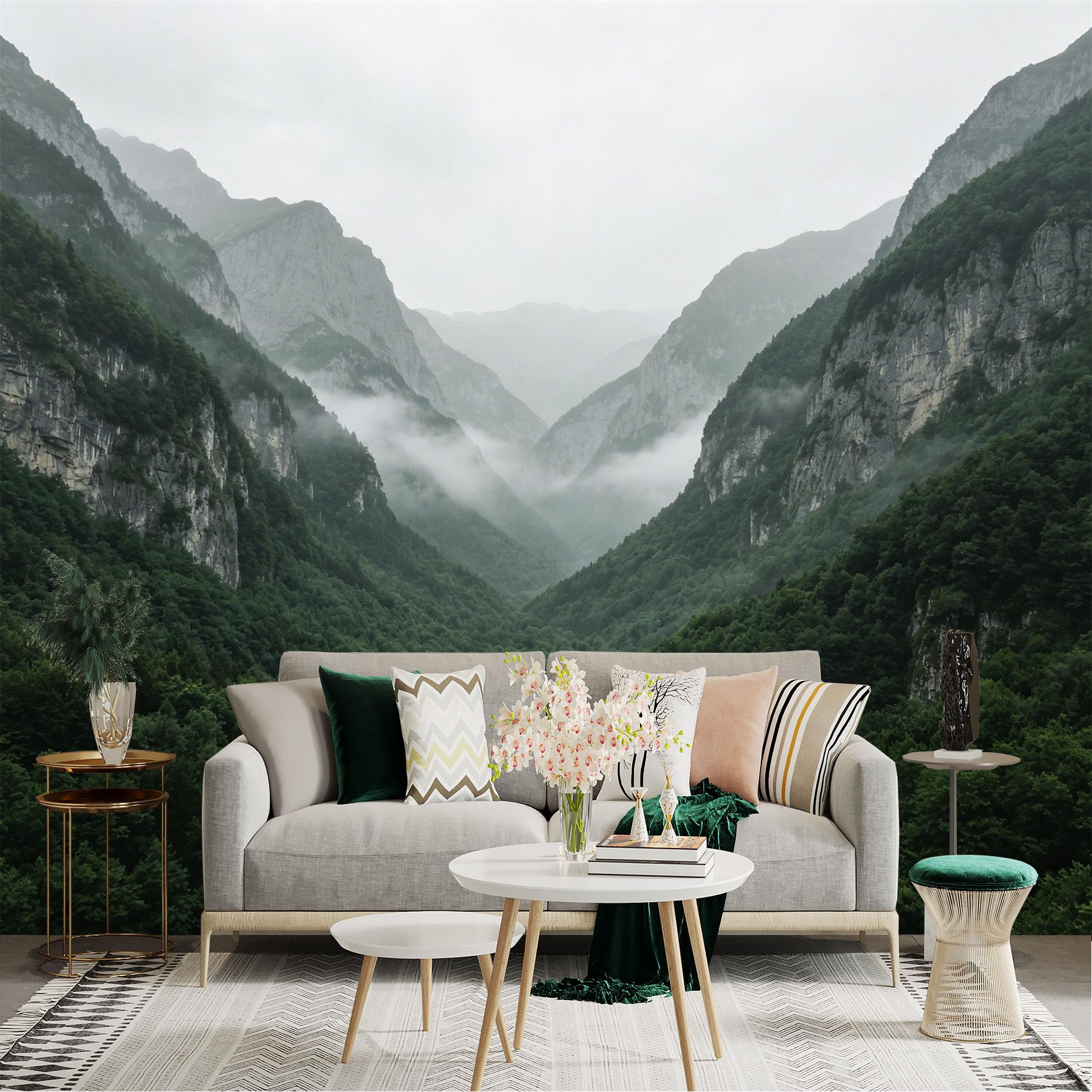 Lnzczhyre Dbh260521190 Custom Size Wall Sticker Mural， Misty Mountain Valley， Lush Green Forest Scenery， Atmospheric Foggy Peaks， Nature Landscape Art， For Wall Decoration， Peelandstick Wall Decals.