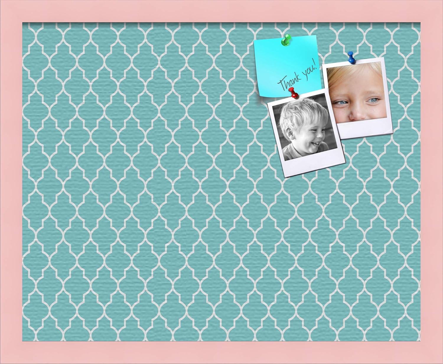 ArtToFrames 16x16 Custom Cork Bulletin Board. This Quatrefoil Aqua Pin Board Has a Fabric Style Canvas Finish, Framed in Mahogany (PinPix-278-16x16_FRBW26039)