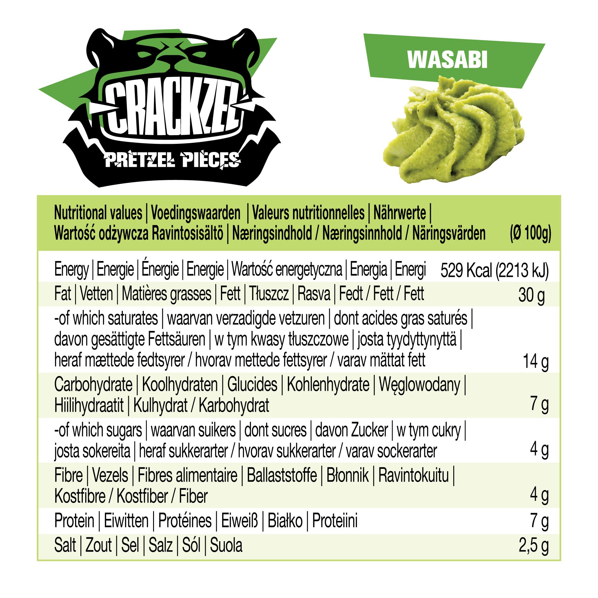 Crackzel Wasabi Pretzel Pieces 24 x 85 gr - Piezas de pretzel con especias de wasabi